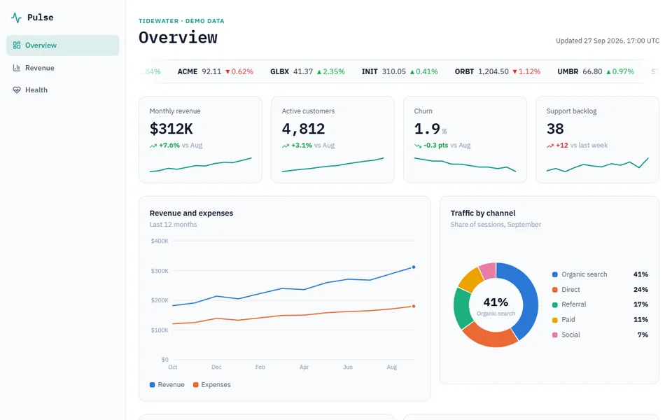 Pulse dashboard running in the fintech theme